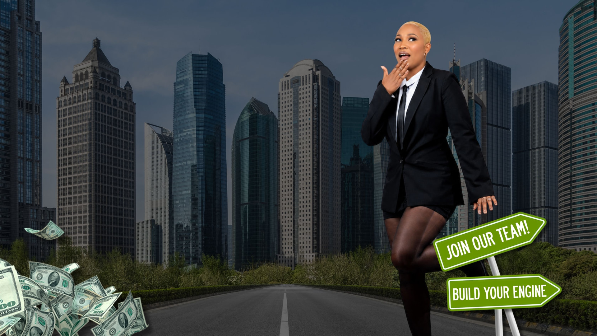 Erica Nelson in a black suit on a city highway with money and growth signs pointing toward success